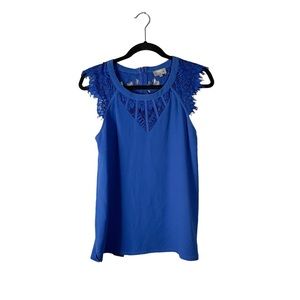 Steps Royal Blue Sleeveless Business Casual Office Blouse Floral Lace Accent Sm